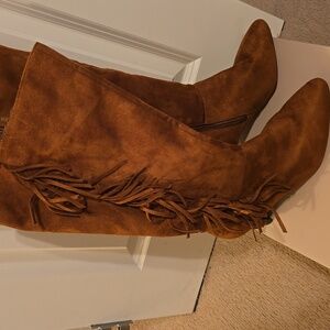 Comfortview Tan Suede Fringe Over the Knee Boots